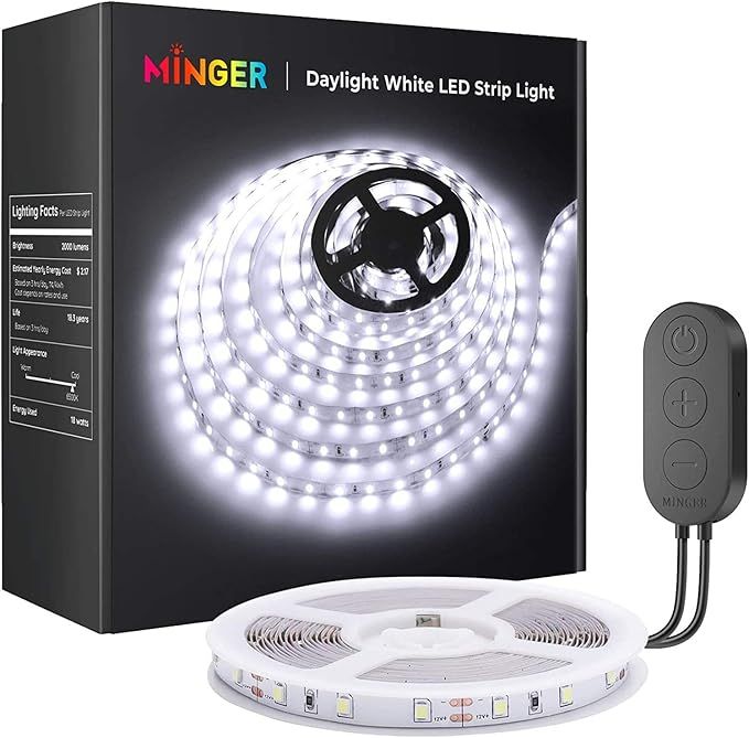 MINGER White LED Strip Lights, 16.4ft Dimmable Strip Lights Kit with 6500K Bright White Daylight,... | Amazon (US)