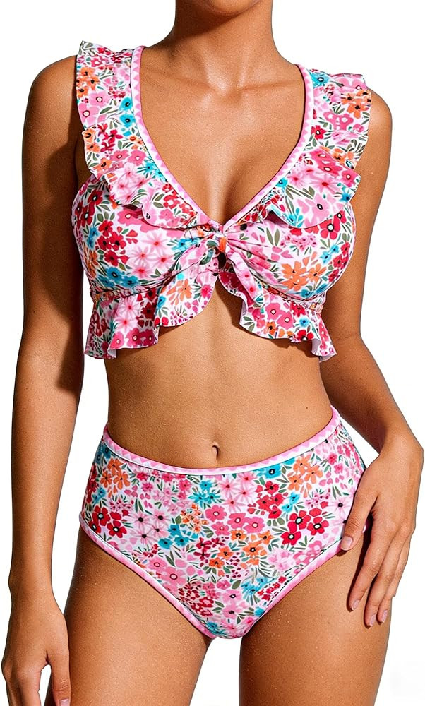 Jolefille High Waisted Bikini Sets for Women Two Piece Swimsuit Tummy Control Bathing Suits Ruffl... | Amazon (US)