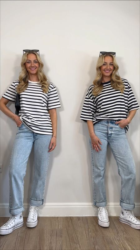 comparing basics - stripe tees!
One is £9.99 and the other £25 
Wearing size medium in the left hand side tee and size small in the one on the right 🫶🏼
My jeans are w25l29 🤍