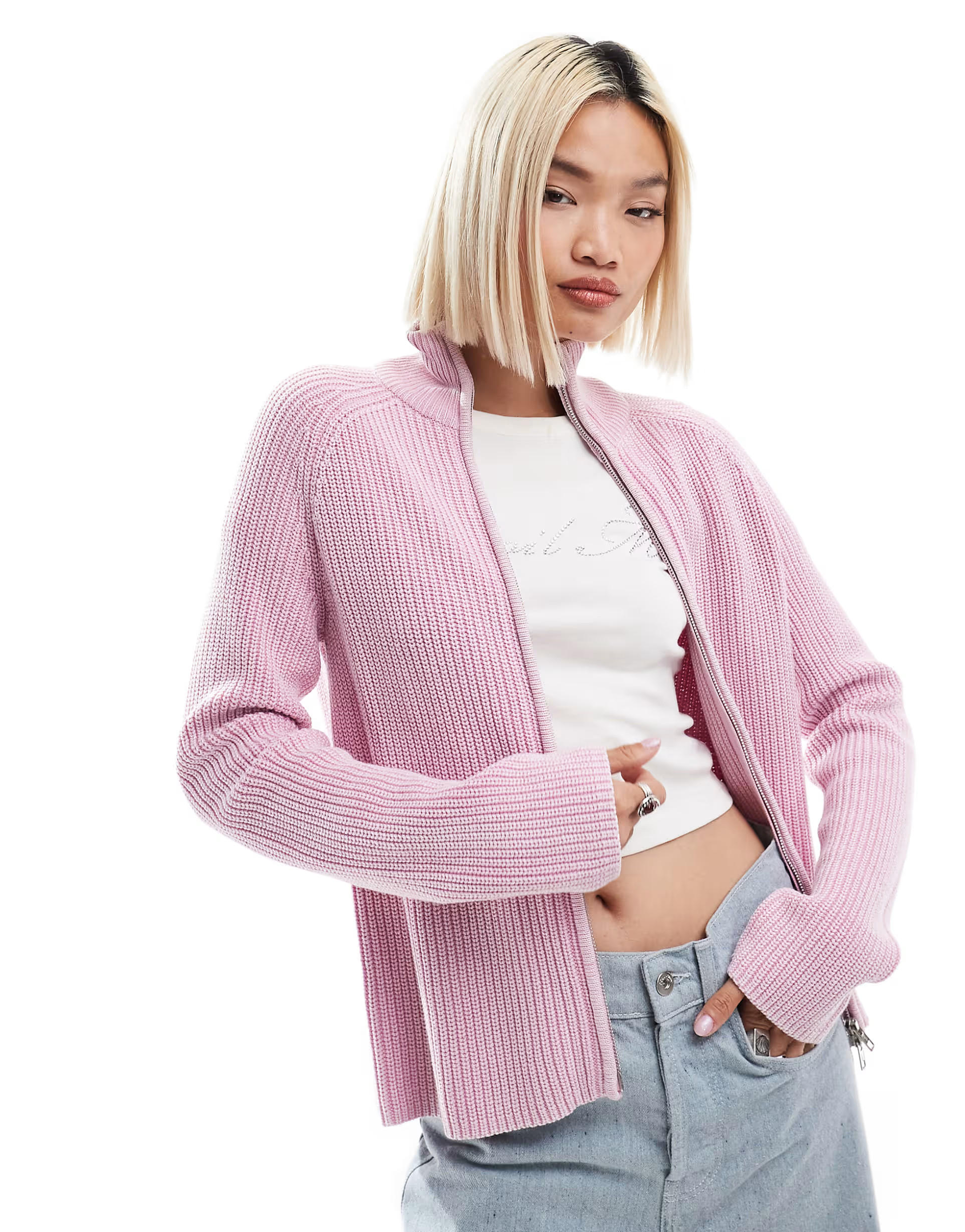 Monki ribbed knitted two way zip cardigan in pink acid wash | ASOS (Global)
