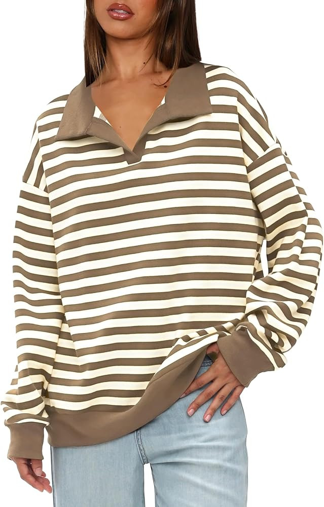 Darong Womens Oversized Contrast Striped Long Sleeve Collared Sweatshirts Casual Cotton Pullover ... | Amazon (US)