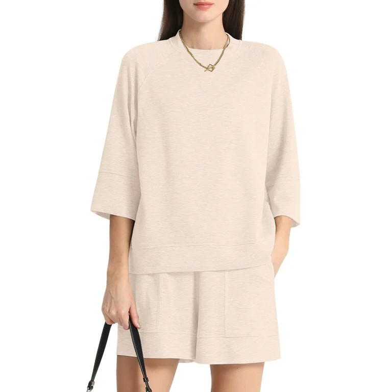 MINTREUS Women's Mock Neck Lounge Set 3/4 Sleeve Tops and Elastic Waist Shorts Cozy Loungewear Sw... | Walmart (US)