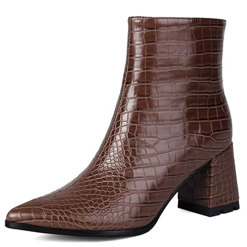 XIANGZU Brown Ankle Boots for Women Pointed Toe Block Chunky Heel Ankle Booties (9.5, Brown) | Amazon (US)