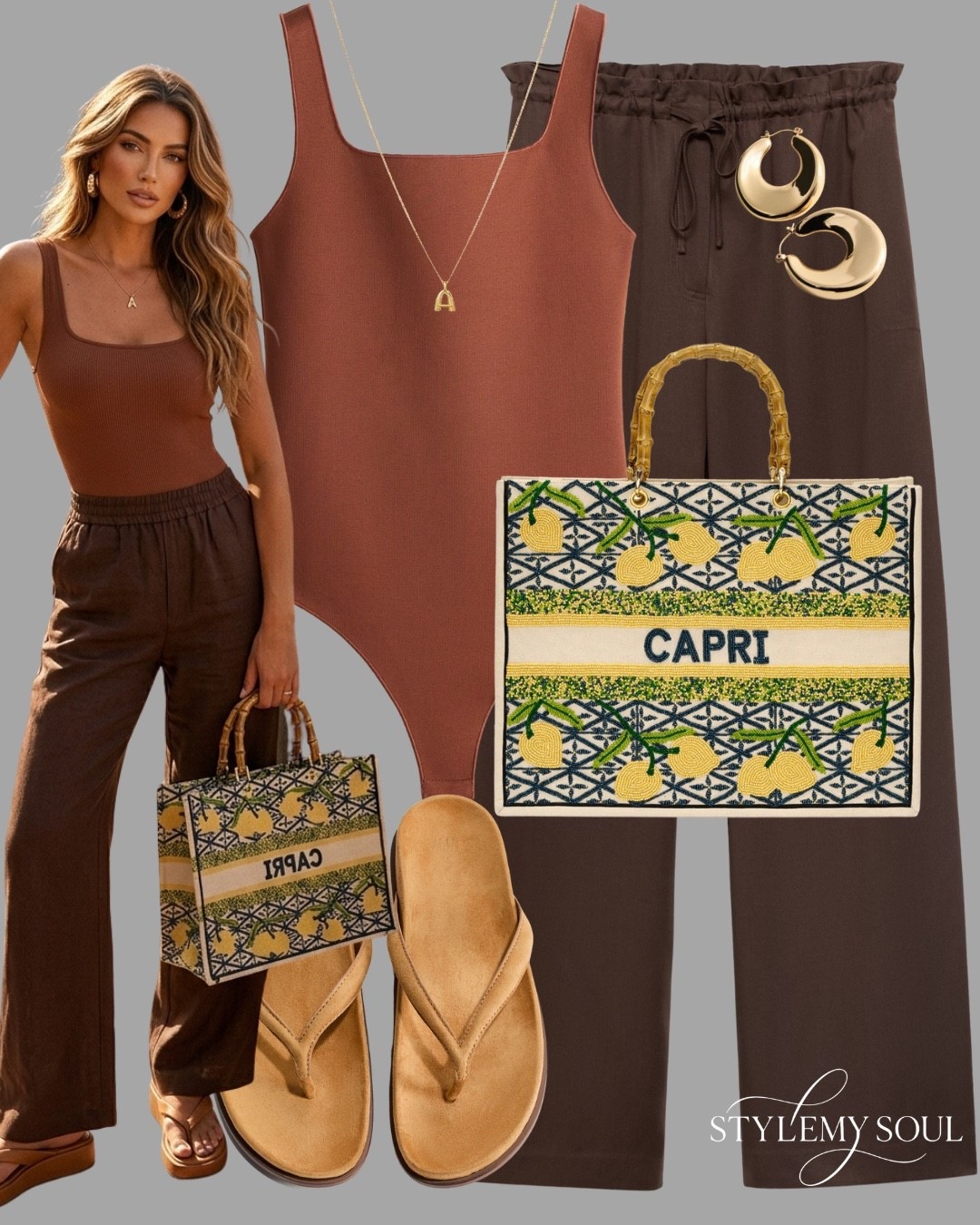 Brown pants, linen pants, bodysuit. Summer bag, thong sandals, gold earrings

#LTKmomlife #LTKTravel #LTKootd
