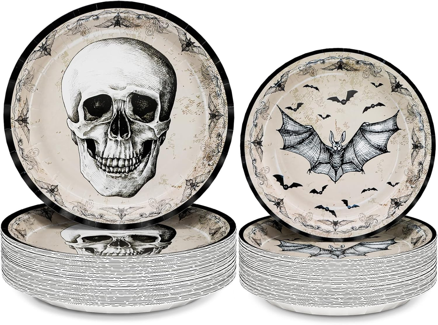 DYLIVeS Halloween Party Plates - 100 Pack Skull Bats Disposable Paper Plates, 9" Dinner, 7" Dessert - Spooky Halloween Decorations | Amazon (US)