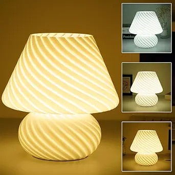 YICKSKY 9.2" Mushroom Lamp LED Glass Bedside Lamps Big Swirl Striped Table Lamp with 3 Color Mode... | Amazon (US)
