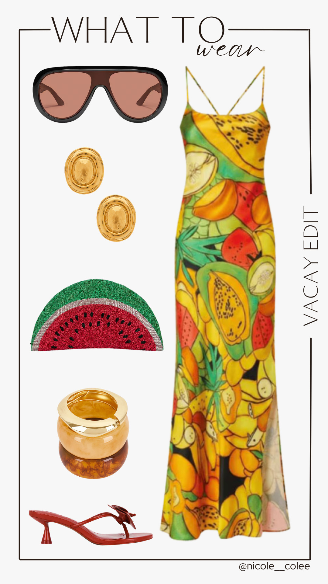 If a tropical vacation had a dress code... this would be it. 🍉☀️

Bright fruit prints, bold accessories, and a watermelon clutch that deserves its own passport. This look is giving beachside cocktails, sunset dinners, and "yes, I'll take another margarita."

Saving this one for my next getaway. 🌴✨

#LTKVacation #ResortStyle #SummerStyle #LTKFinds #NicoleColeeStyle 

 #LTKdayinmylife #LTKgrwm #LTKootd