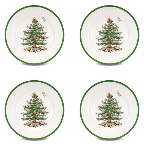 Spode Christmas Tree 10.5" Dinner Plate (Set of 4) - Festive Holiday Stoneware Plate with Christmas Tree & Green Borders, Microwave, Dishwasher, Freezer, Oven Safe - Holiday Tableware | Amazon (US)