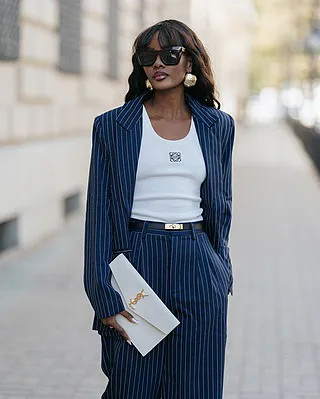 Iyah Blazer - Oversized Single Breasted Blazer in Navy Pinstripe | Showpo (US, UK & Europe)