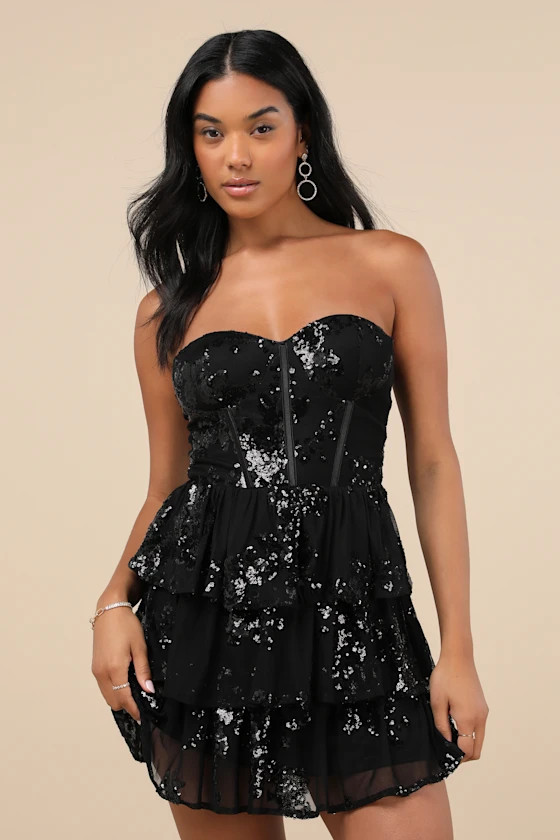 Definite Glamour Black Mesh Sequin Bustier Tiered Mini Dress | Lulus