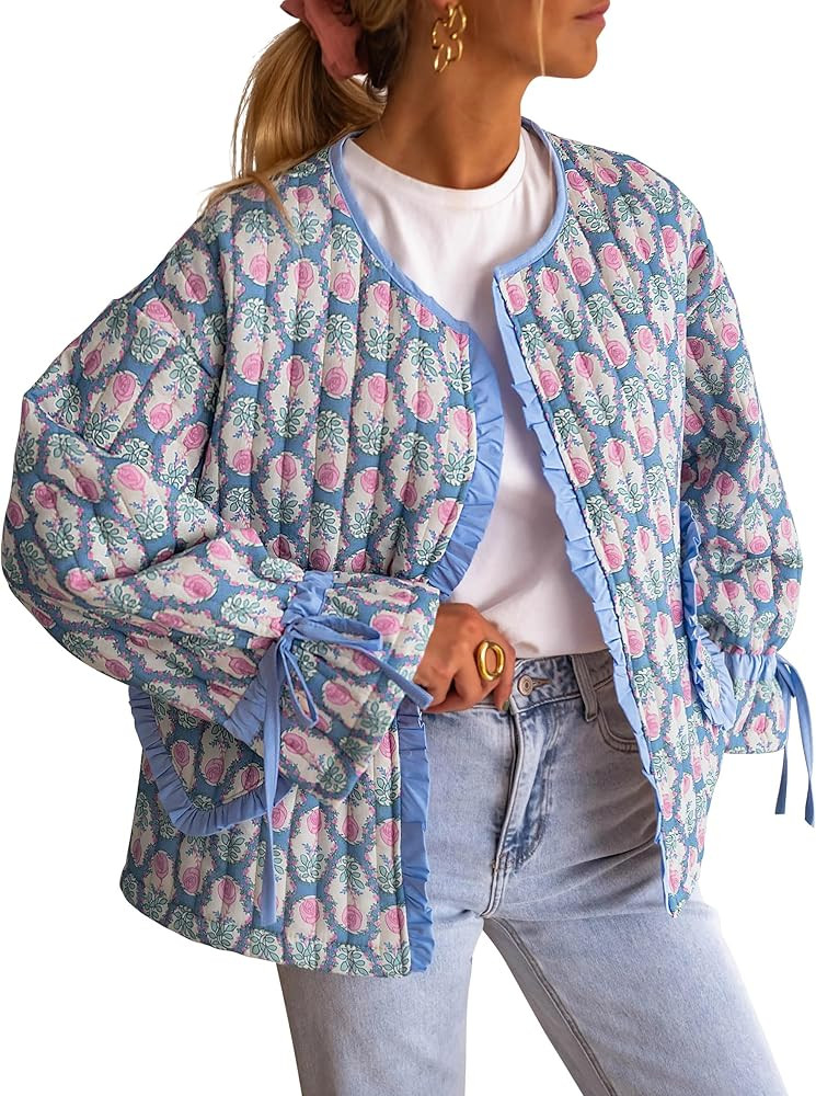 Sielebay Quilted Jackets for Women Cropped Puffer Jacket Lightweight Floral Print Open Front Vint... | Amazon (US)