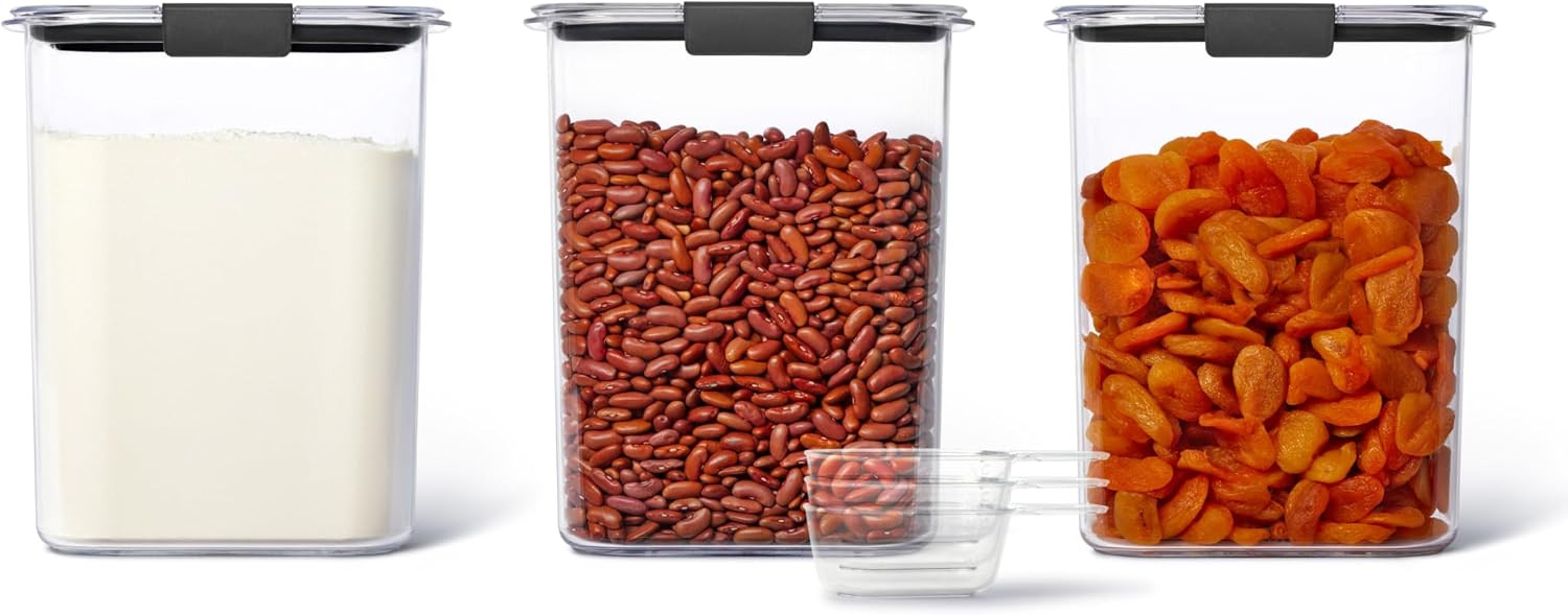 Rubbermaid Brilliance BPA-Free Food Storage Containers with Lids Airtight Kitchen and Pantry Organization Set Includes 3 Containers and Scoops Clear 16 cups | Amazon (US)