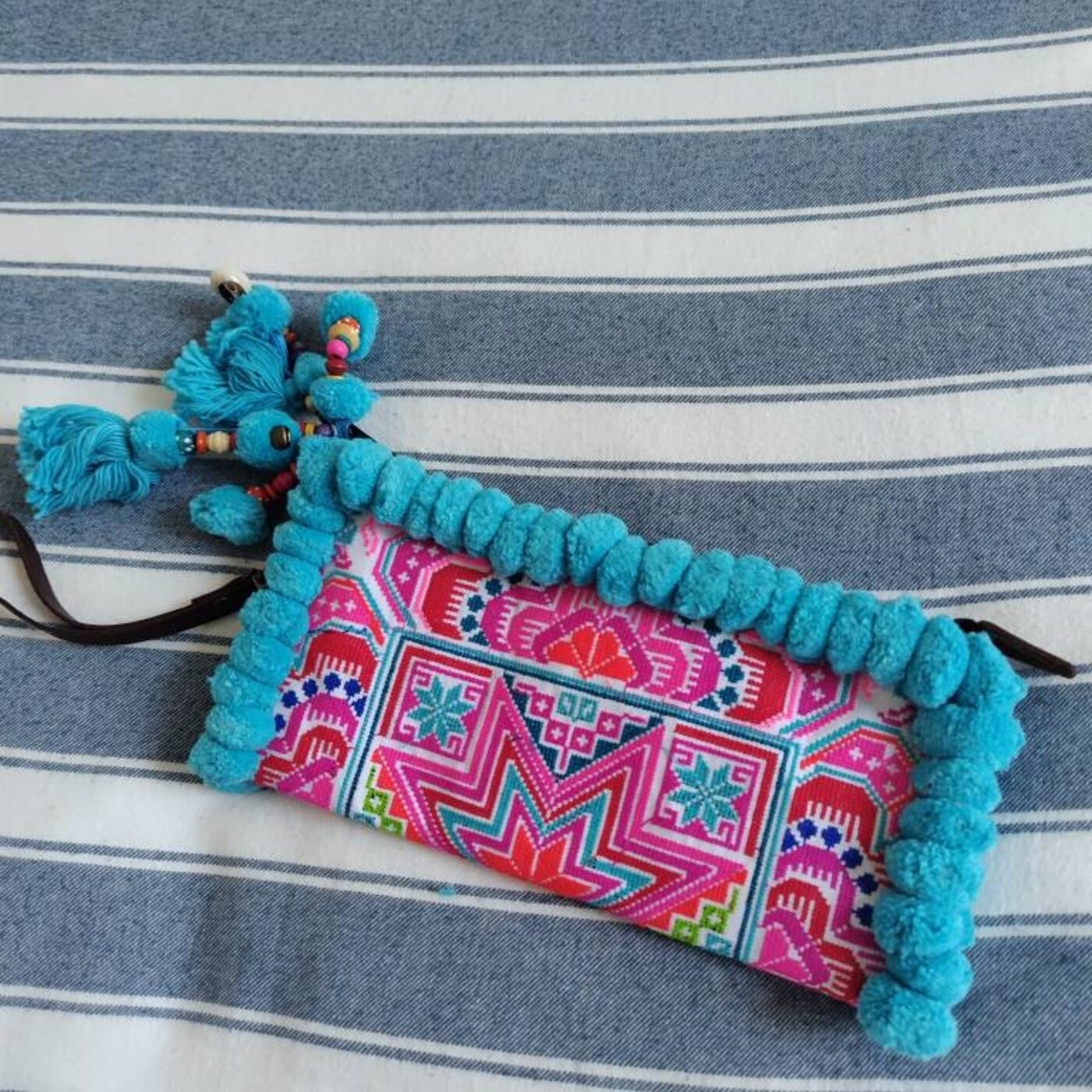 Blue Pom Pom Clutch Bag, Boho Wristlet With Hmong Hill Tribe Embridered Star Pattern, Festival Pu... | Etsy (US)