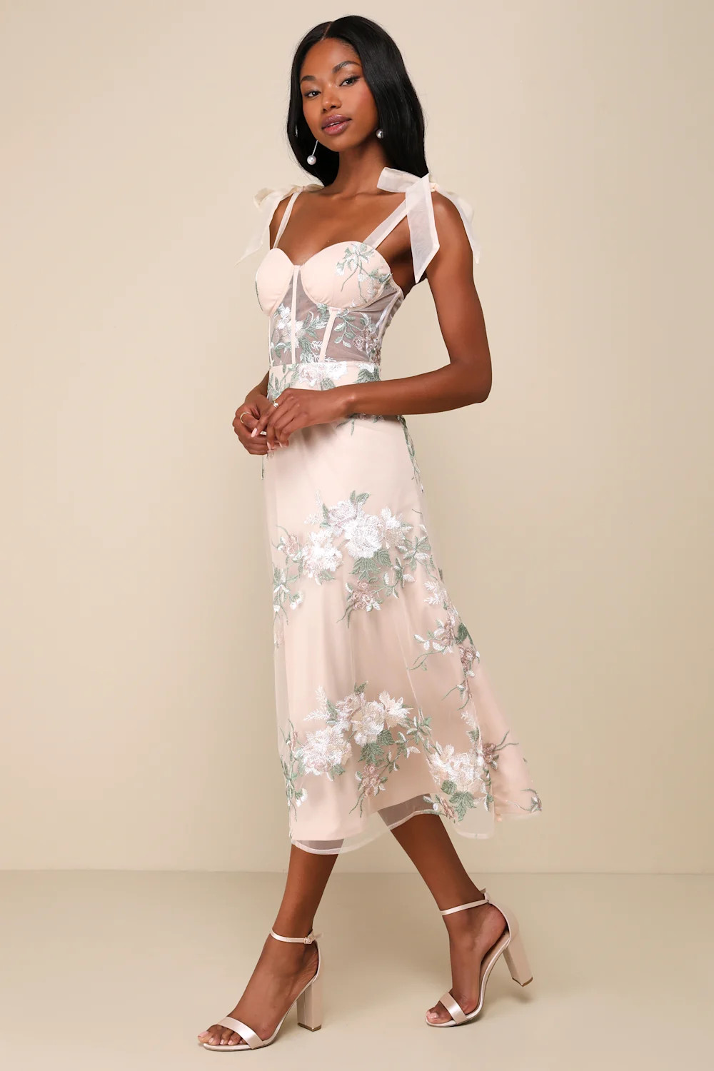 Fairytale Days Beige Mesh Floral Embroidered Bustier Midi Dress | Lulus
