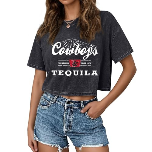 KEEVICI Western Cowboy Cropped T Shirts for Women Cowgirl Country Music Concert Vintage Graphic Tees Rodeo Acid Wash Tshirt(Black,XL) | Amazon (US)
