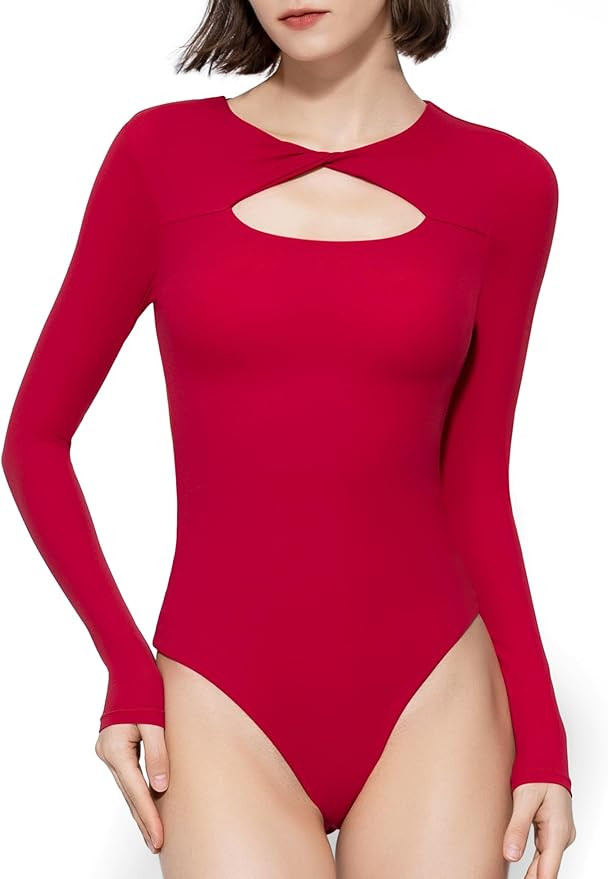 PUMIEY Women's Knot Front Long Sleeve Bodysuit Crew Neck Body Suits Sexy Tops Smoke Cloud Collect... | Amazon (US)