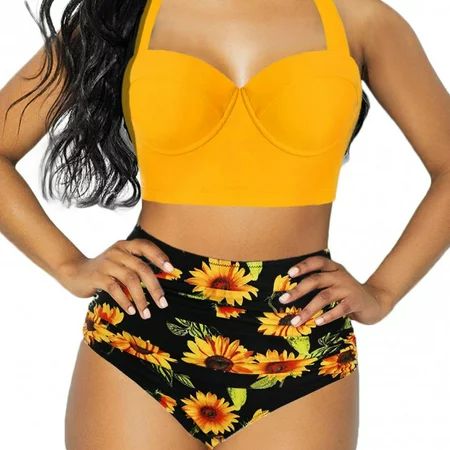 Women 2 Pcs Swimsuit High Waisted Bathing Suits Floral Printing Halter Bandage Bikini Set | Walmart (US)