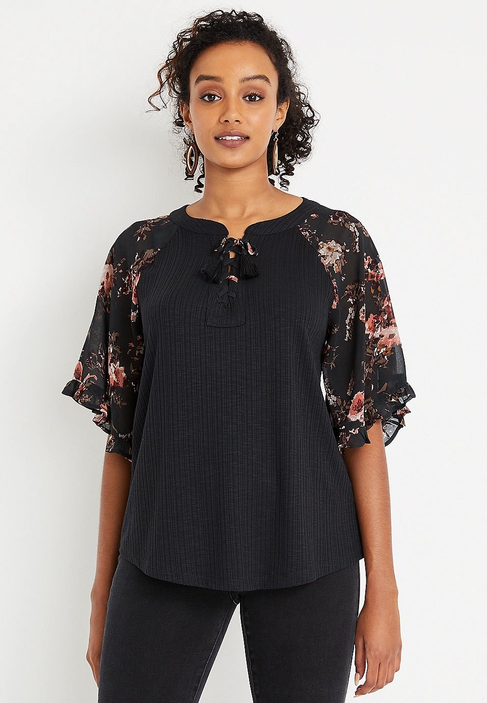 Dark Gray Floral Lace Up Blouse | Maurices