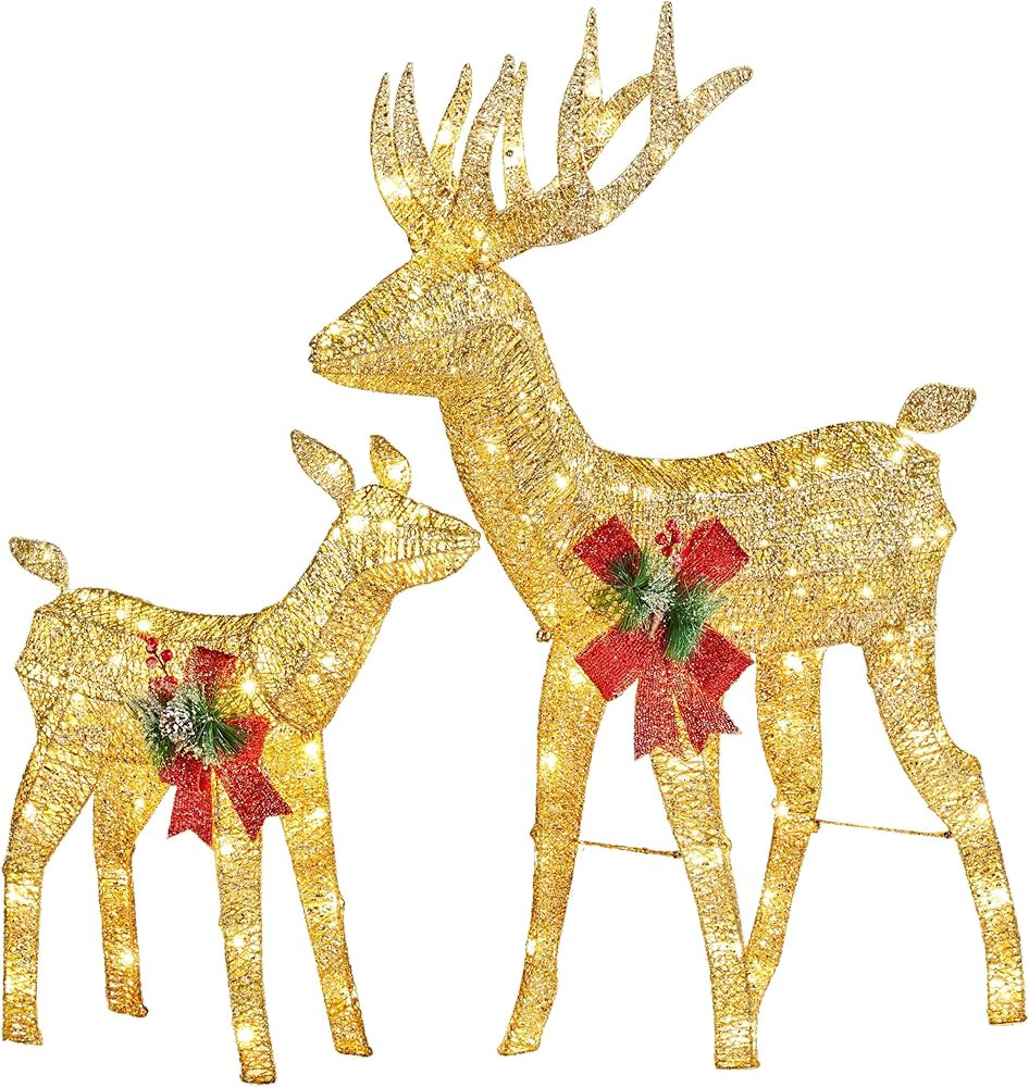 Yaheetech 2-Piece Lighted Christmas Reindeer Family, 3D Pre-Lit Gold Christmas Decor Deer with 17... | Amazon (US)