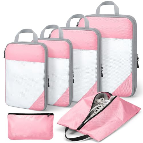 6 Set Compression Packing Cubes for Suitcases,Packing Cubes with Shoe Bag, Large Cosmetics Bag, Clothing Bag, Accessories Bags Packing Cubes for Travel Luggage Organizer Women Men(Pink) | Amazon (US)