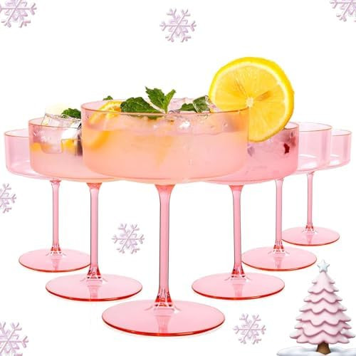 Ciaell 12PCS Plastic Martini Glasses - 10 Oz Pink Disposable Coupe Glasses with Stem - Heavy Duty... | Amazon (US)