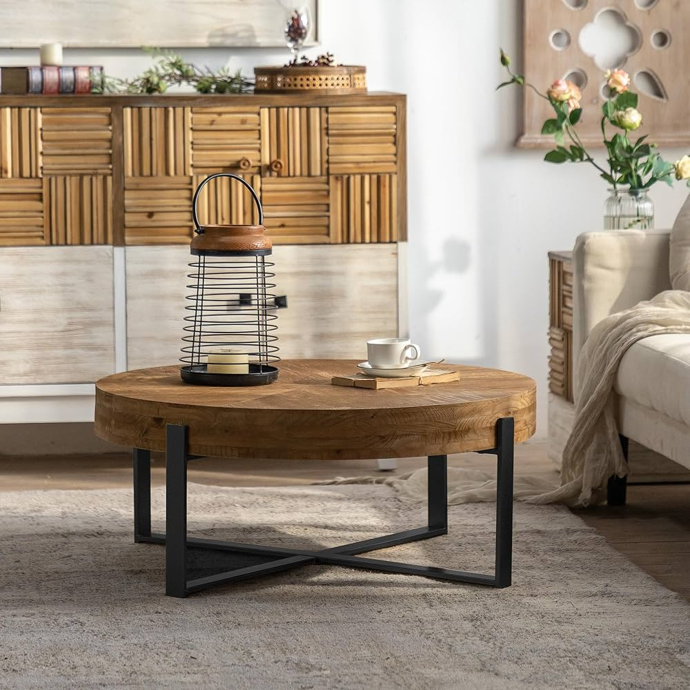 31.29" Modern Retro Splicing Round Coffee Table,Fir Wood Table Top with Black Cross Legs Base | Amazon (US)