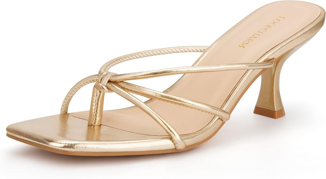 Women's Strappy Square Open Toe Kitten Heel Thong Sandals Slip On Mule Style Dressy Summer Heels | Amazon (US)