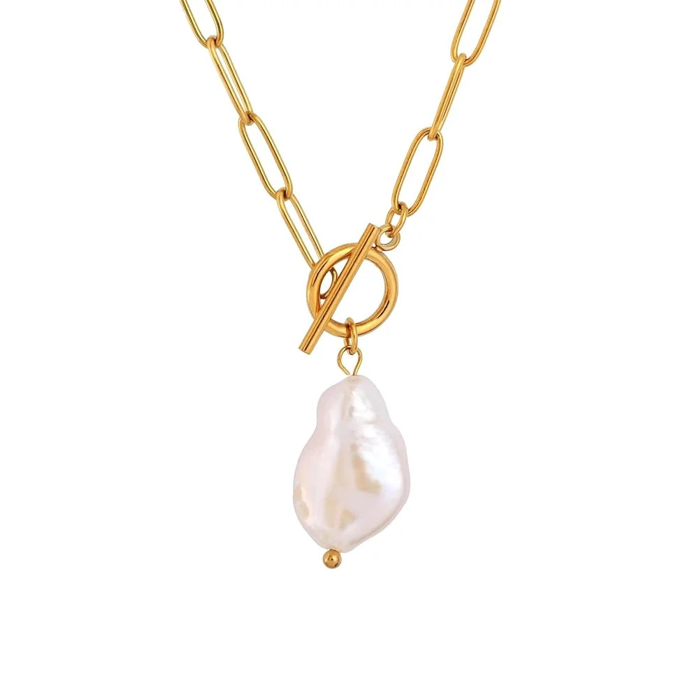 Lsnesstla Baroque Pearl Pendant Paperclip Toggle Necklaces for Women 18k Gold Plated Paperclip Chain Necklace Irregular Natural Pearl Jewelry for Wife Girlfriend Mother - Walmart.com | Walmart (US)