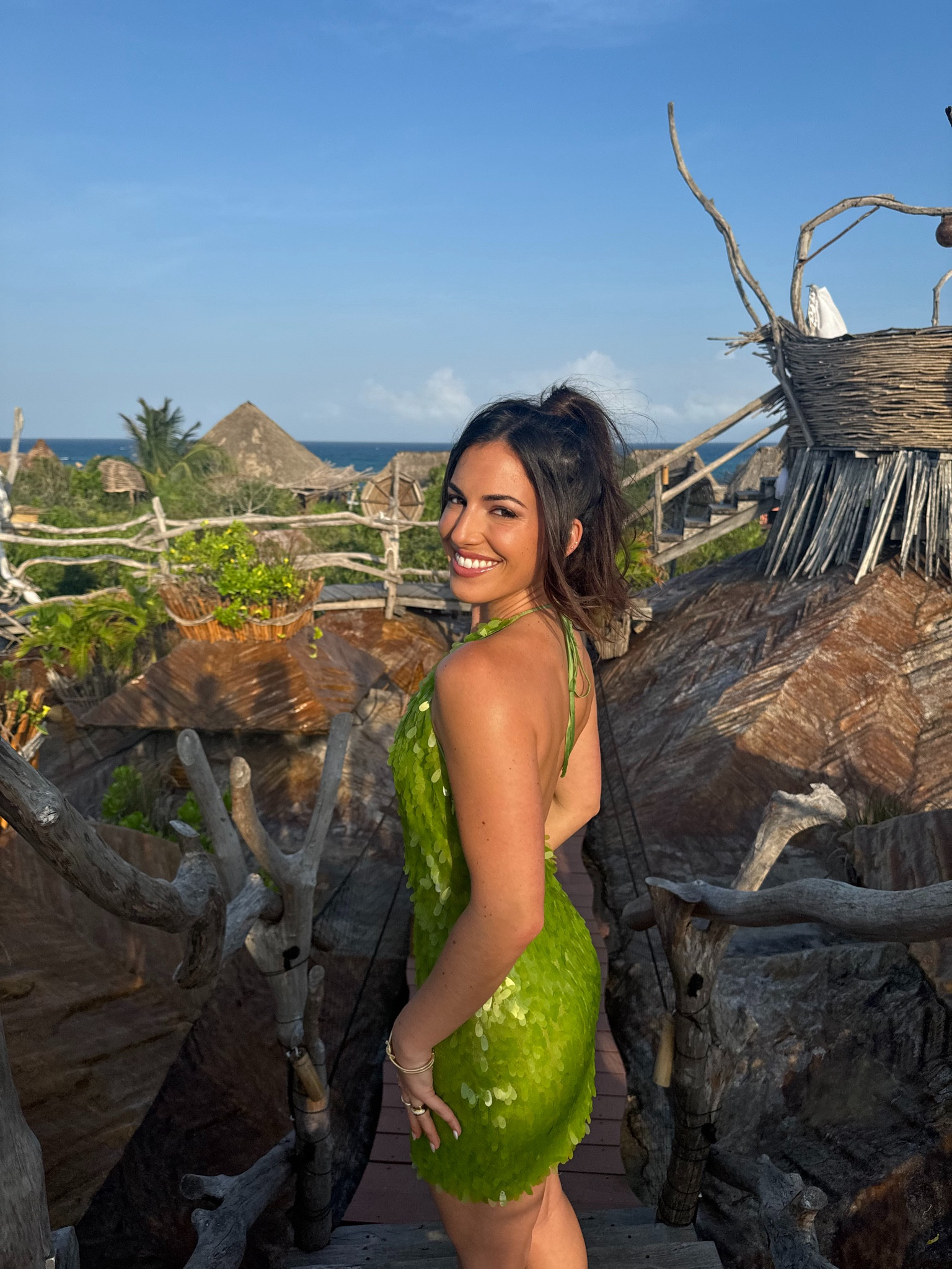 Green sequin halter mini dress with plunging neckline and open back. 

#LTKtravel #LTKstyletip #LTKparties