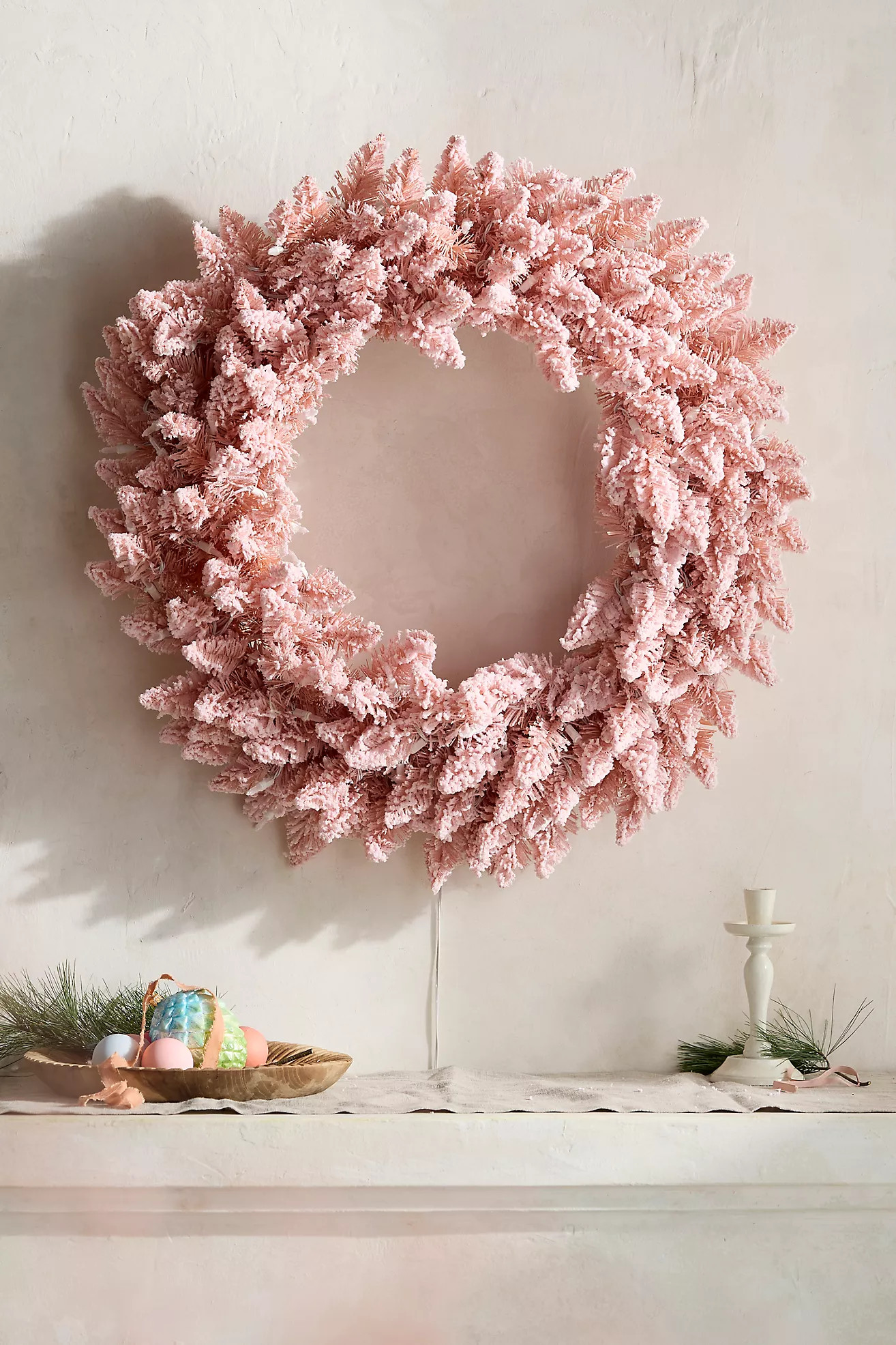Faux LED Flocked Pink Wreath | Terrain