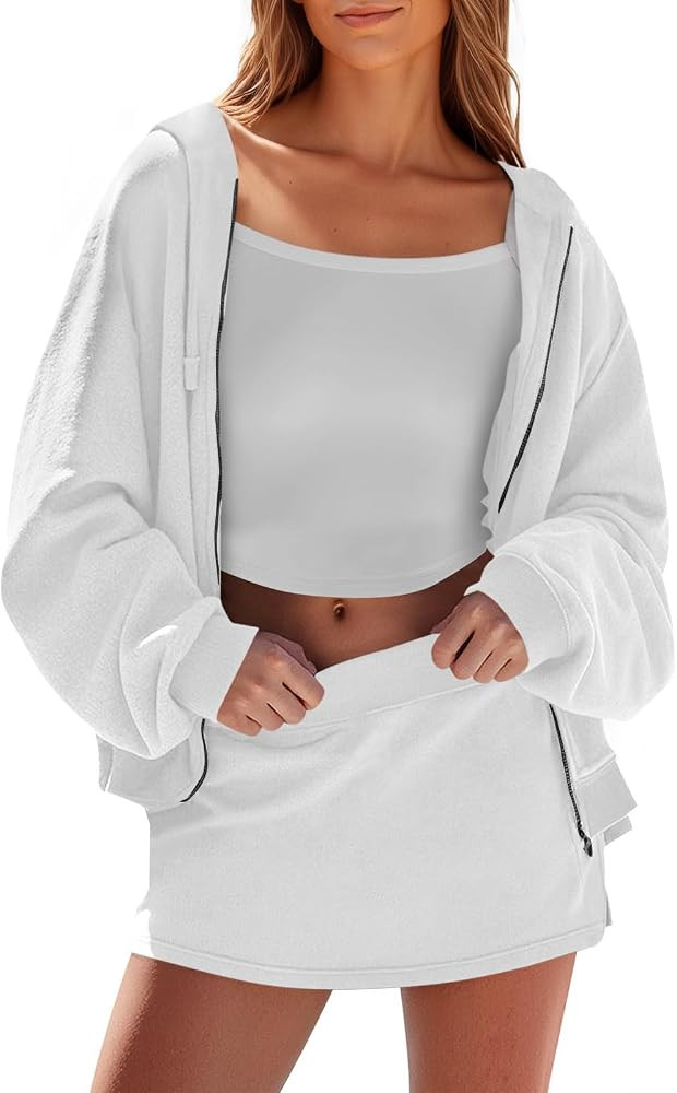 Fisoew Womens Sweatsuits 2 Piece Set Loose Fit Zip Up Skort Set Hoodies Sweatshirt Casual Skorts ... | Amazon (US)