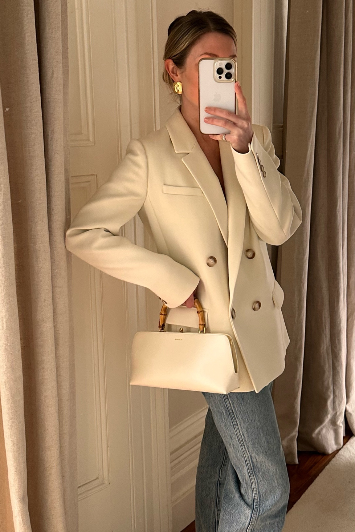 Cream blazer, Jil sander bag, Khaite Abigail jeans, sezane, neutral outfit, formal outfit, minimal style, jeans and a blazer, Net-A-Porter, My Theresa 

#LTKSeasonal #LTKstyletip #LTKeurope