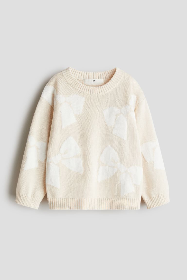 Jacquard-knit Cotton Sweater - Round Neck - Long sleeve - Cream/bows - Kids | H&M US | H&M (US + CA)