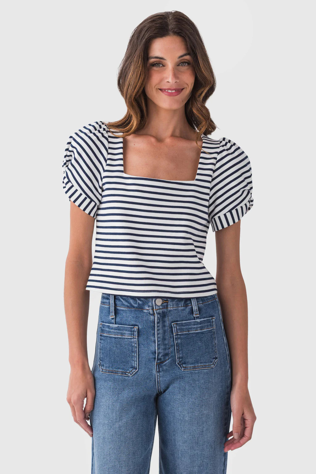 Skies Are Blue Knit Stripe Puff Sleeve Top | Social Threads