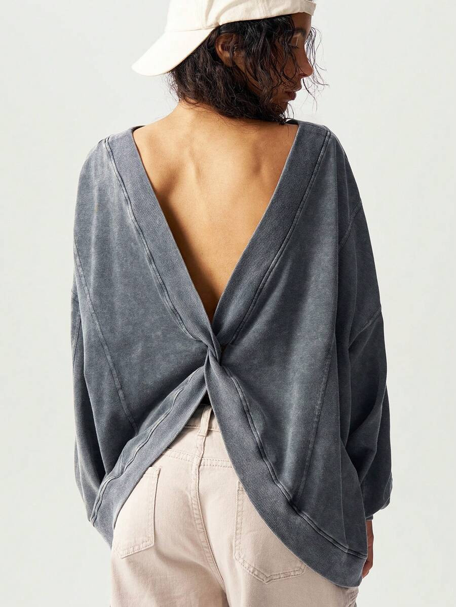 LocalBohemela Casual Solid Color Knitting Twist Back Long Sleeve Loose Washed Women Sweatshirt In... | SHEIN