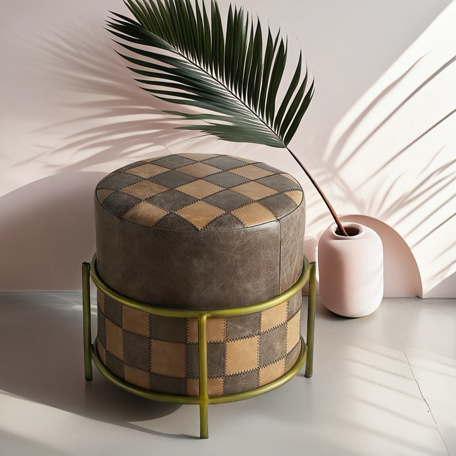 18'' Wide Genuine Leather Round Gingham Standard Ottoman | Wayfair North America