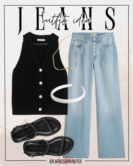 Elevate your summer style with Madewell’s wide leg jeans paired with a chic sweater vest. Add a touch of elegance with a layered necklace, a trendy padded headband, and stylish slingback sandals. This effortless outfit is perfect for casual outings and warm evenings.

#LTKStyleTip #LTKSeasonal