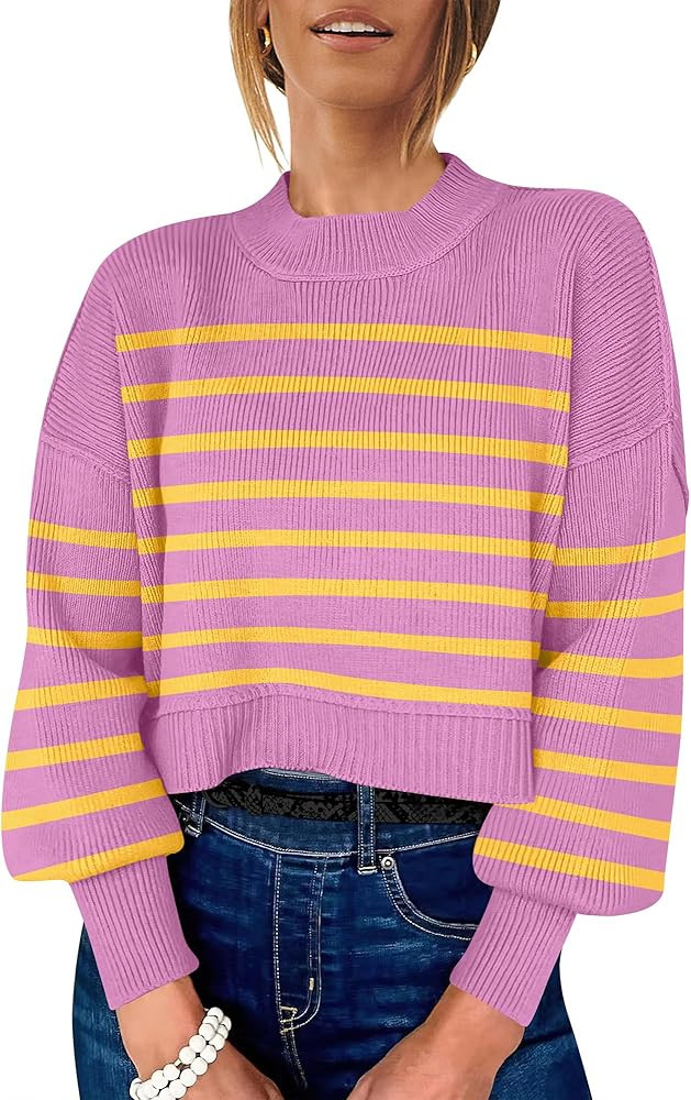 ANRABESS Womens Oversized Crewneck Cropped Sweaters Long Batwing Sleeve Side Slit Ribbed Knit Pul... | Amazon (US)