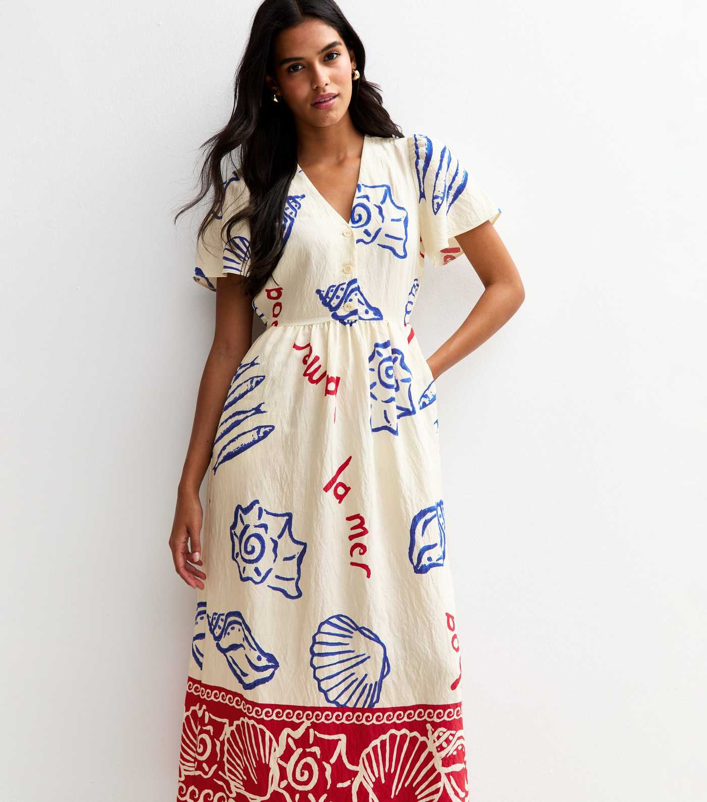 Off White Shell Print Flutter Sleeve Button Midi Dress | New Look | New Look (UK)