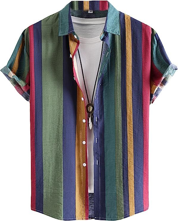 OYOANGLE Men's Color Block Striped Print Short Sleeve Button Up Casual Shirt | Amazon (US)