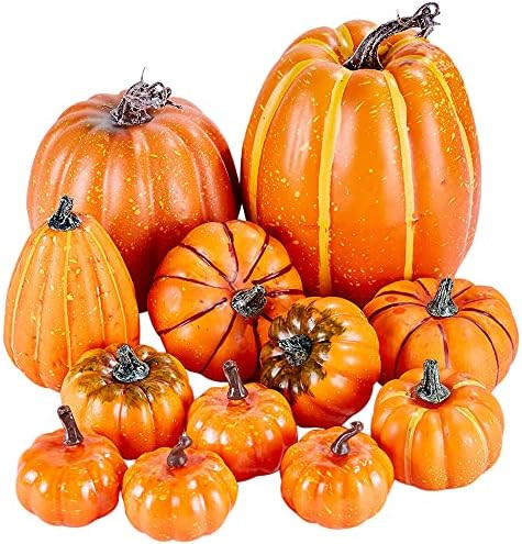 Artmag Package of 12 Pcs Assorted Sizes Artificial Fake Orange Pumpkins Large Faux Harvest Pumpki... | Amazon (US)