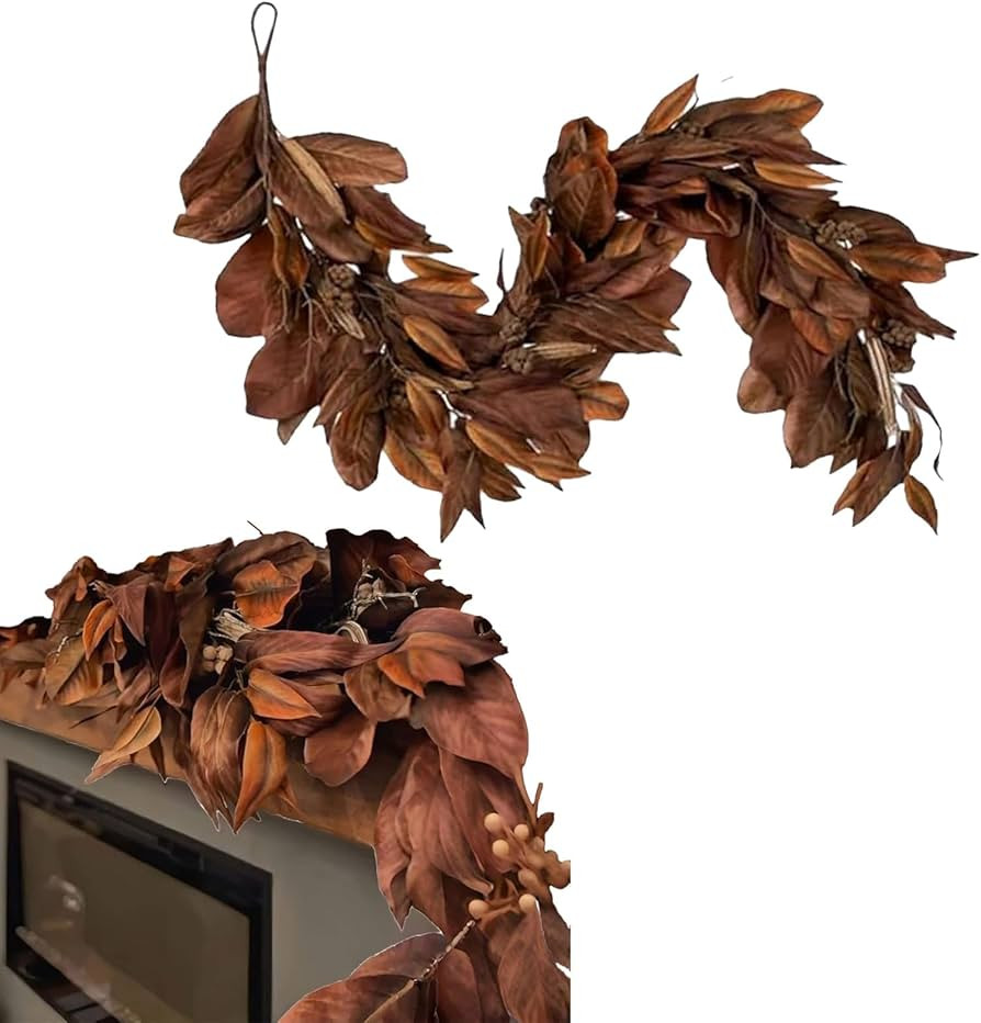 6 FT Fall Garland for Mantle, Brown Magnolia Leaf Garland, Magnolia Leaf Realistic Artificial Fal... | Amazon (US)