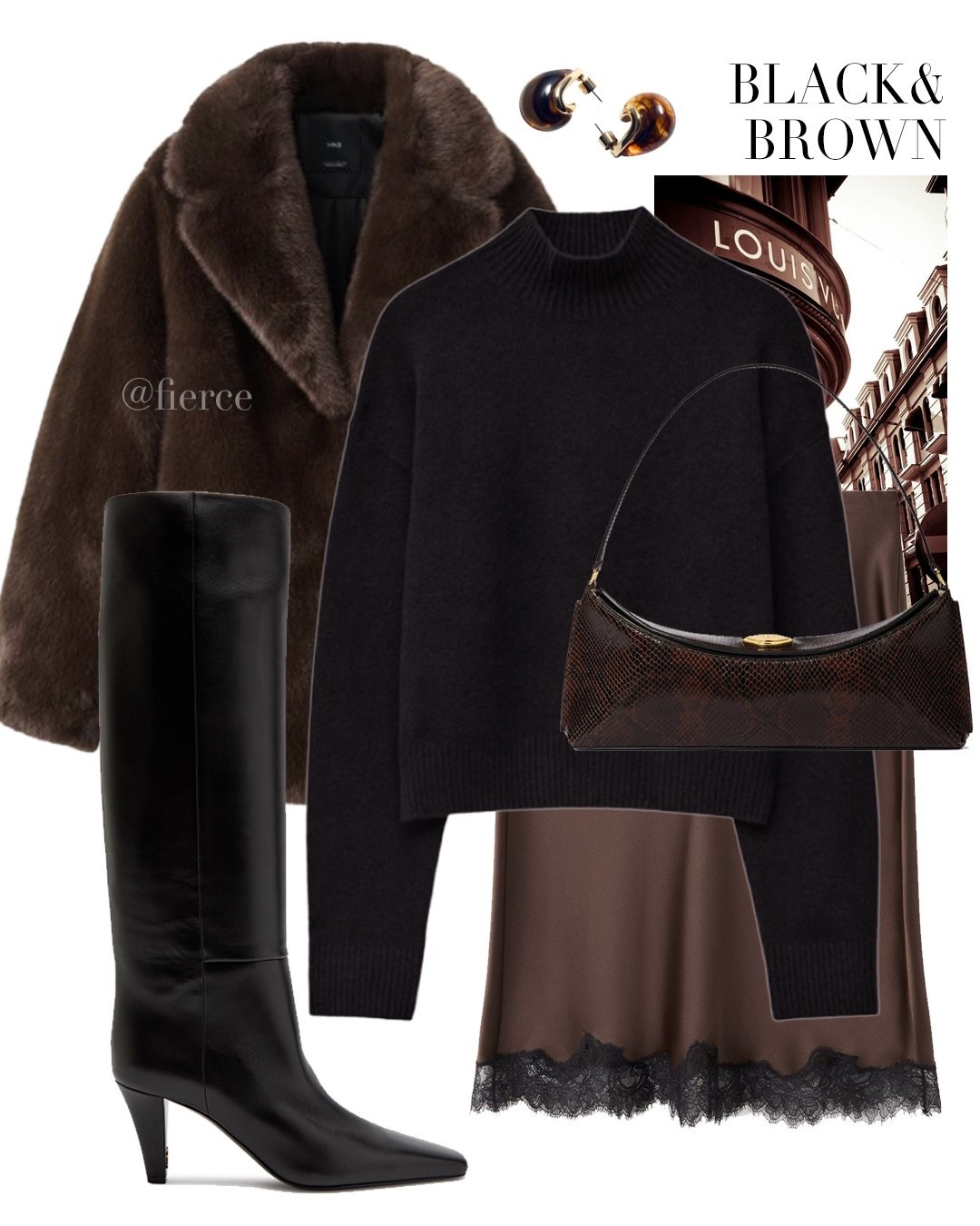 Knee high black boots lace trim chocolate brown skirt brown snake print bag brown faux fur coat black high neck jumper chic outfit date night 

#LTKeurope #LTKwinter #LTKuk