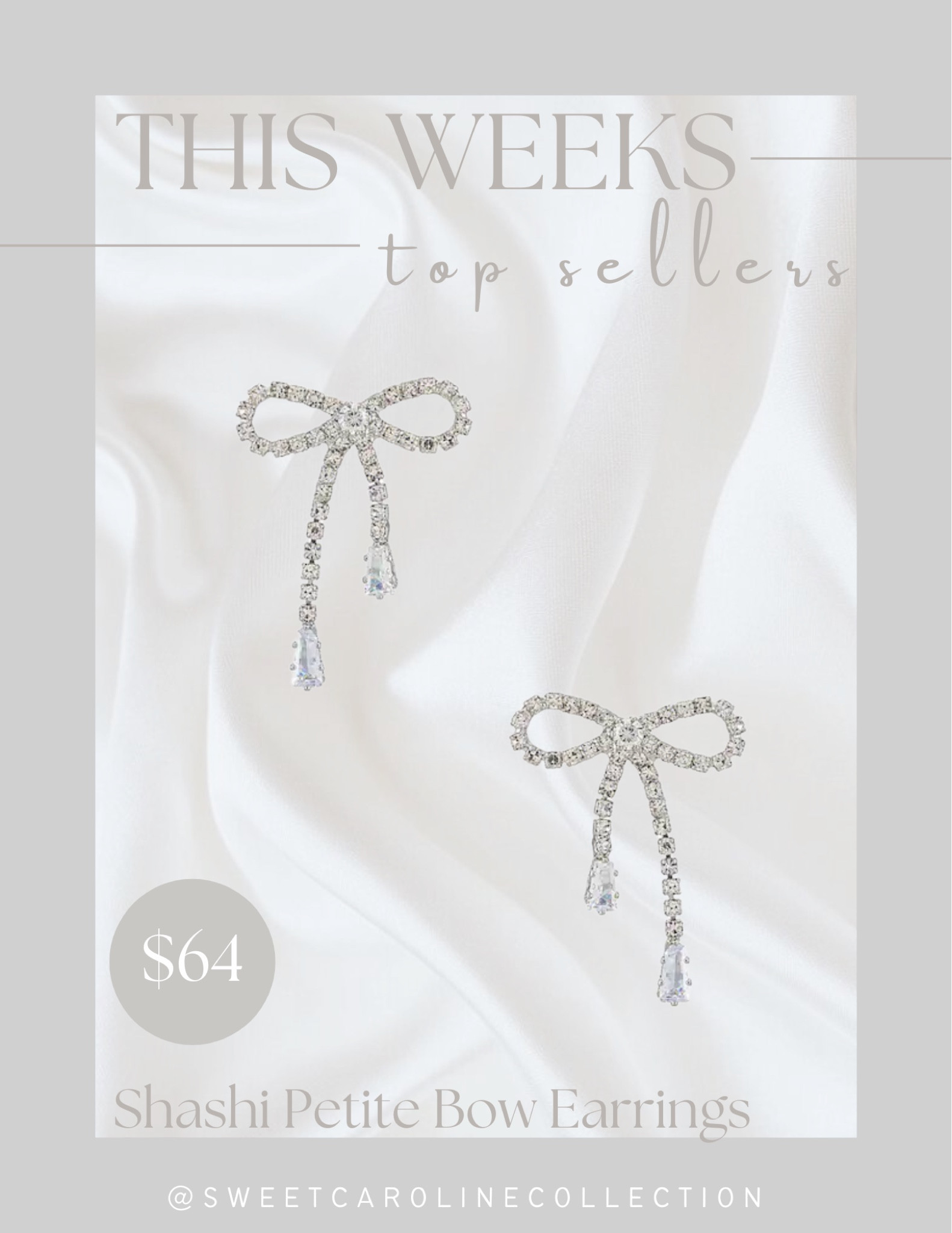 This weeks top sellers!

1. Shashi Petite Bow Earrings

Revolve, statement earrings, shashi, jewelry, accessories, gift idea, gift for her, gift guide, fashion, style, trending, best seller, top seller, must have, under 100, under 50, sale, holiday style, sweet Caroline collection

#LTKunder50 #LTKGiftGuide #LTKHoliday