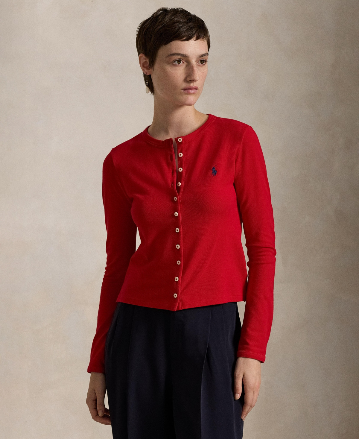 Polo Ralph Lauren Women's Stretch Mesh Cotton Crewneck Cardigan Top - Red | Macy's