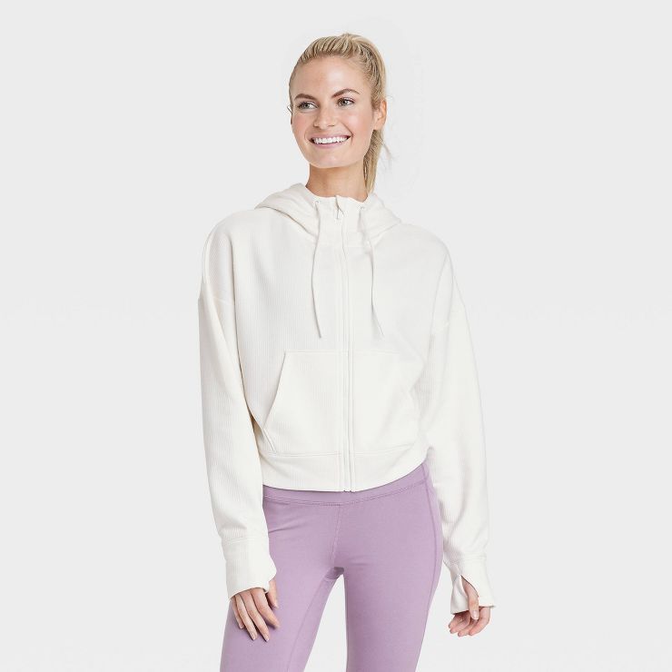 Women's Ribbed Fleece Cropped Hooded Sweatshirt - All in Motion™ | Target