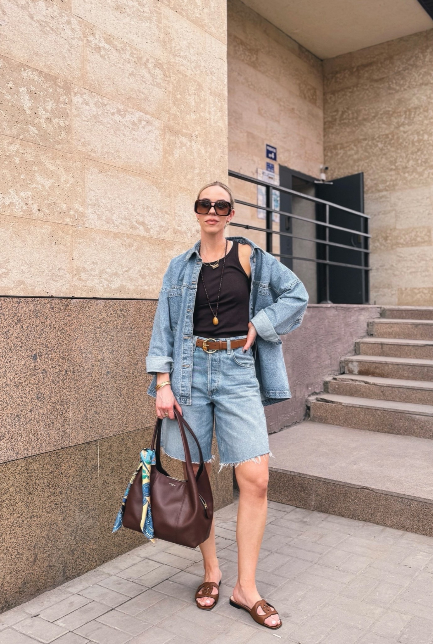 Denim on denim, all denim summer outfit idea, denim bermuda shorts, Gucci sandals, Le Tanneur handbag

#LTKSeasonal #LTKOver40 #LTKSaleAlert