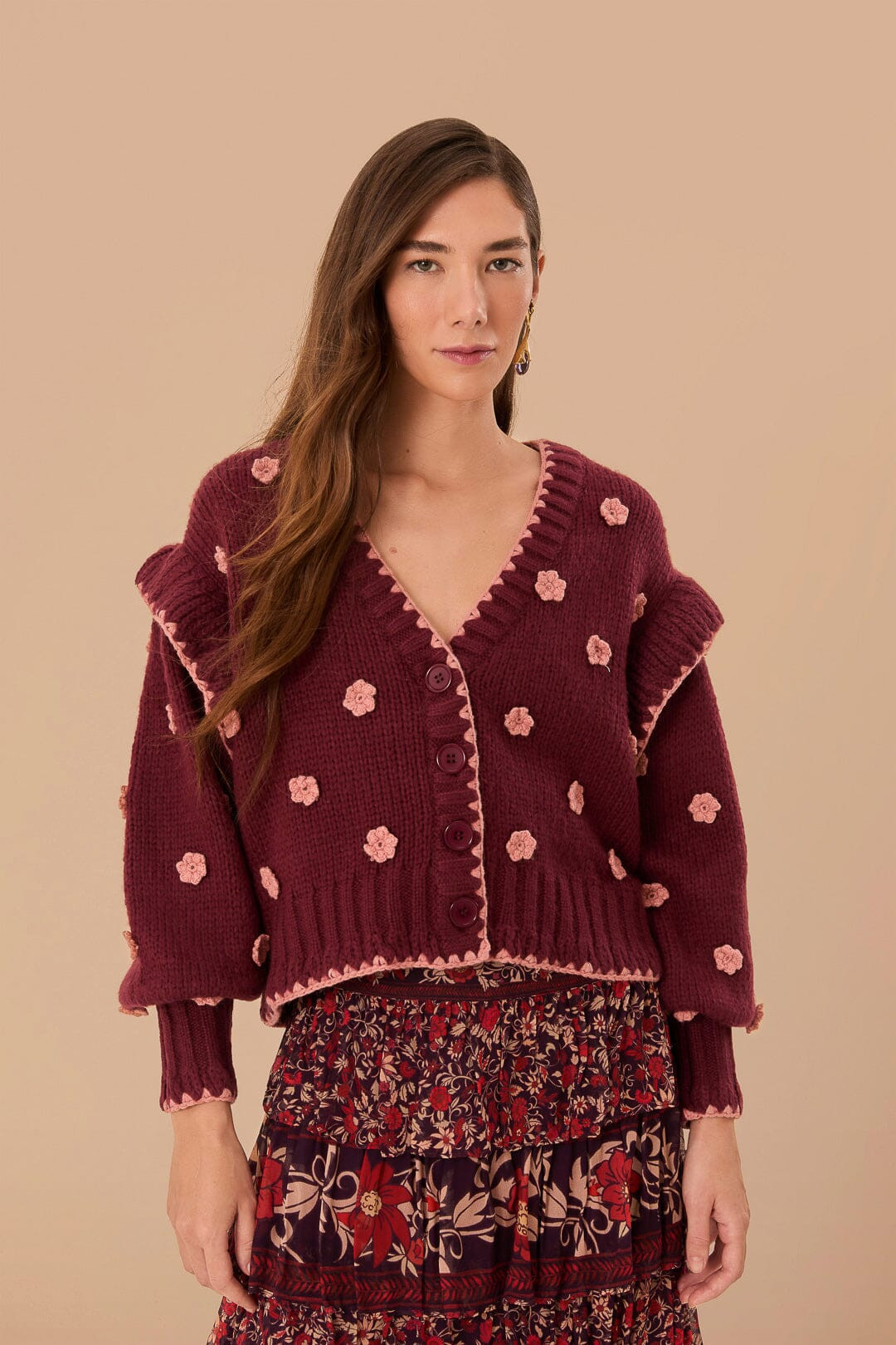 Burgundy Crochet Flowers Knit Cardigan | FarmRio (US)