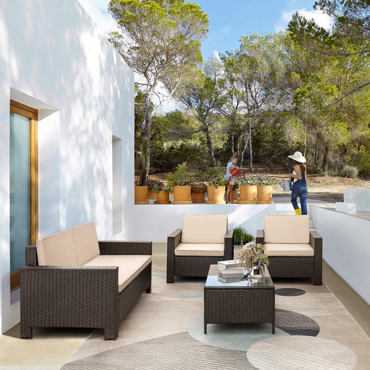 Lacoo 4 Pieces Patio Indoor Rattan Set Outdoor Sectional Wicker Furniture Set with Love Seat and ... | Walmart (US)