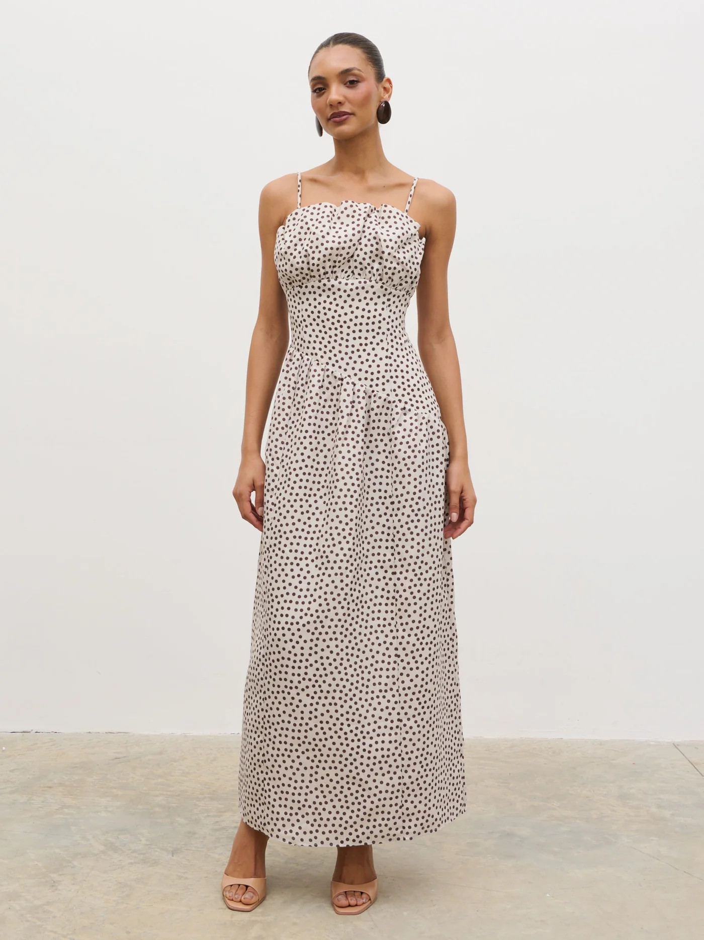 Zaria Corset Detail Maxi Dress - Cream and Brown Polkadot | Pretty Lavish (UK)